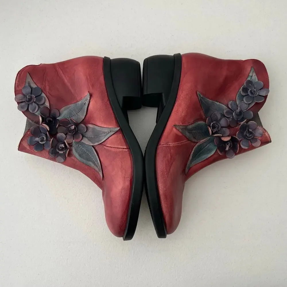 Socofy Rose Handmade Leather Ankle Boots 3D Floral Applique Artsy Size 40/9-9.5